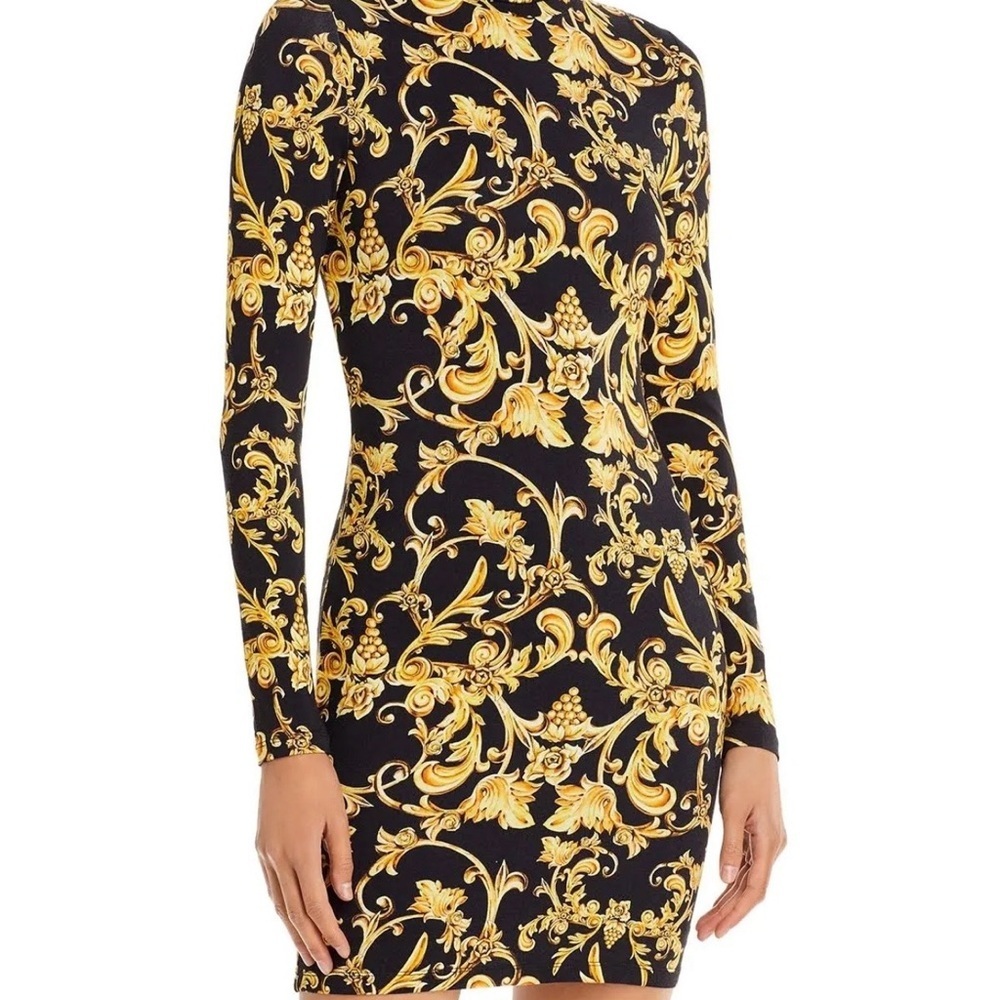 Alice + Olivia Black Dress with Gold Baroque Print Long Sleeve SZ 2, pre-owned